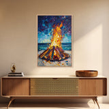Beach Bonfire, coastal painting, moody art, seascape painting, coastal decor, nautical painting, original painting, framed canvas print