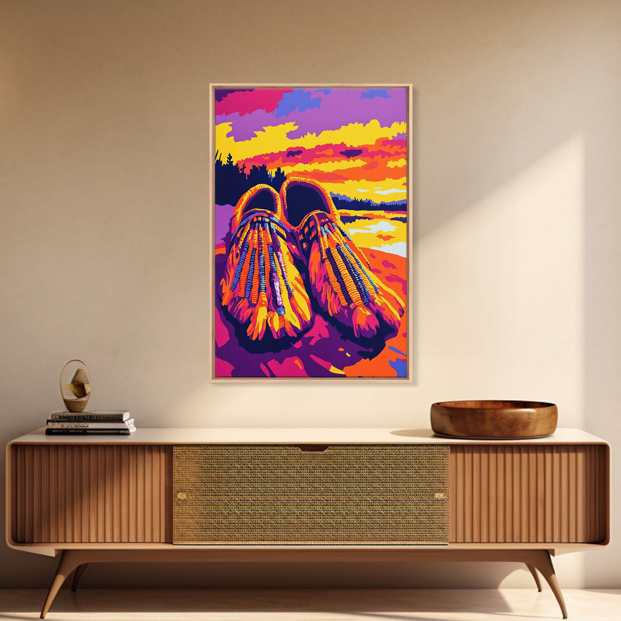 Beaded Moccasins Art, Southwest Wall Art, Pink Orange Wall Art, Boho Western Art, Framed Canvas Print, Rustic Home Decor