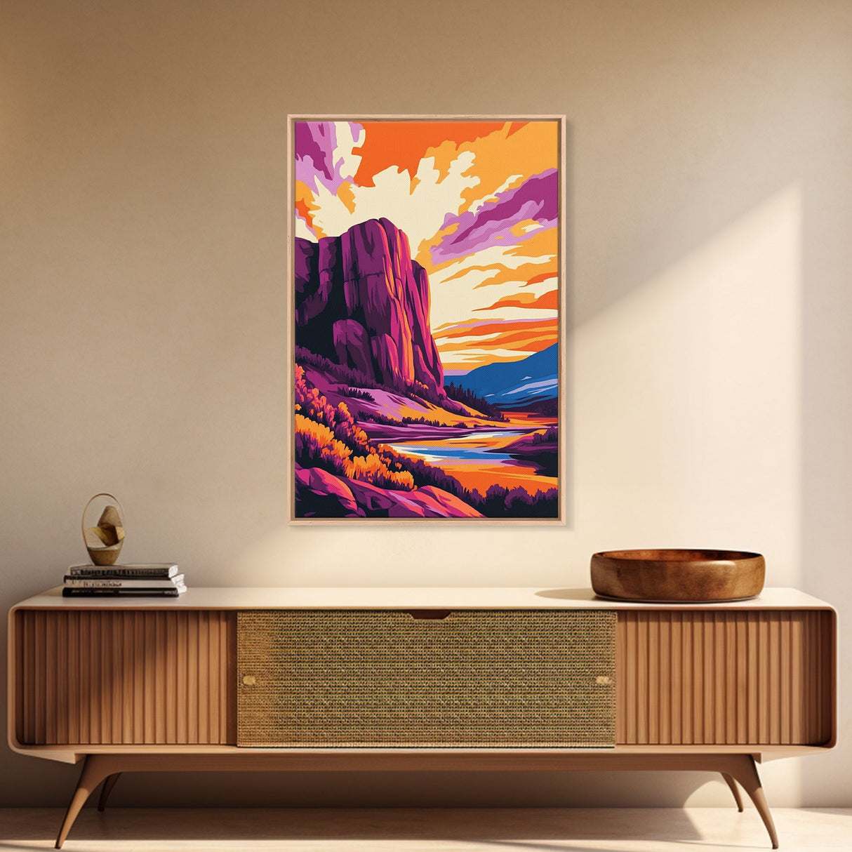 Mountain Painting, Bold Landscape Art, Orange Purple Wall Decor, Southwest Wall Art, Framed Canvas Print, Nature Inspired Artwork
