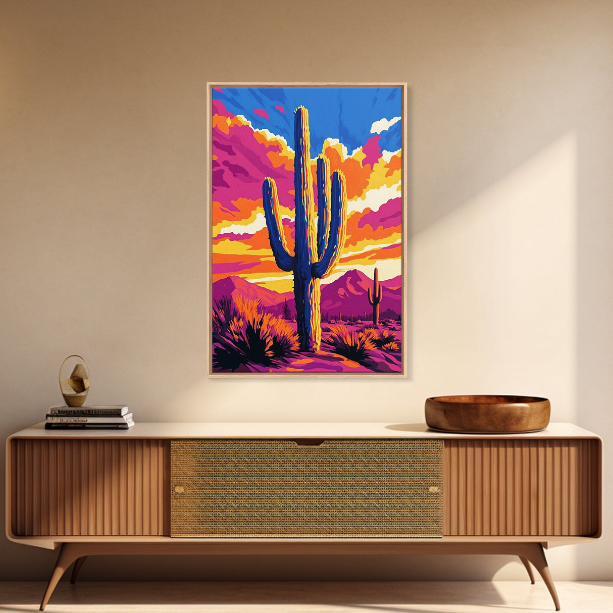 Southwest Cactus Art, Desert Wall Decor, Pink Orange Wall Art, Bold Sunset Art, Framed Canvas Print, Gift Idea, Rustic Wall Art