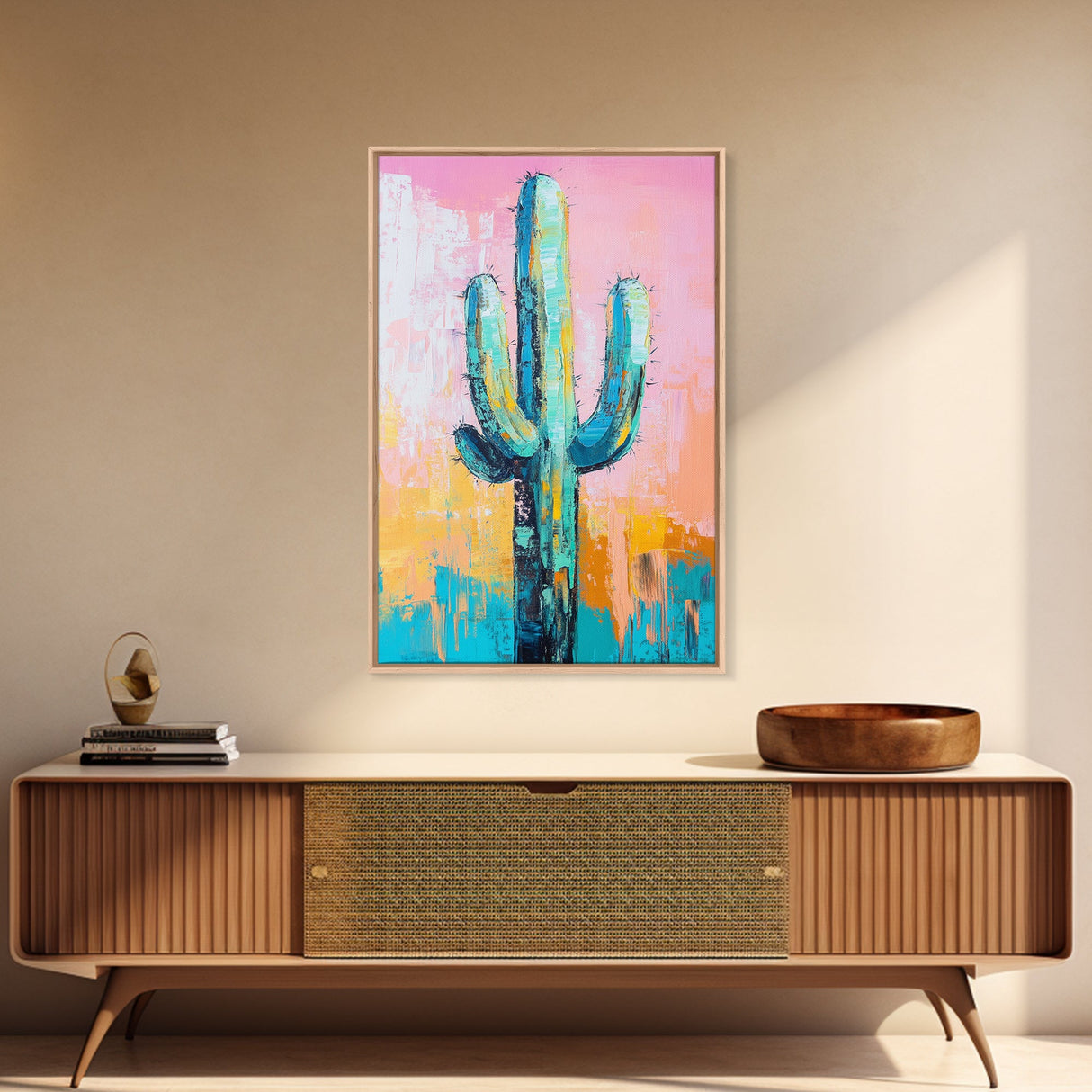 Abstract Cactus Painting, Boho Desert Art, Pink Green Wall Art, Southwest Wall Decor, Framed Canvas Print, Bold Colorful Art