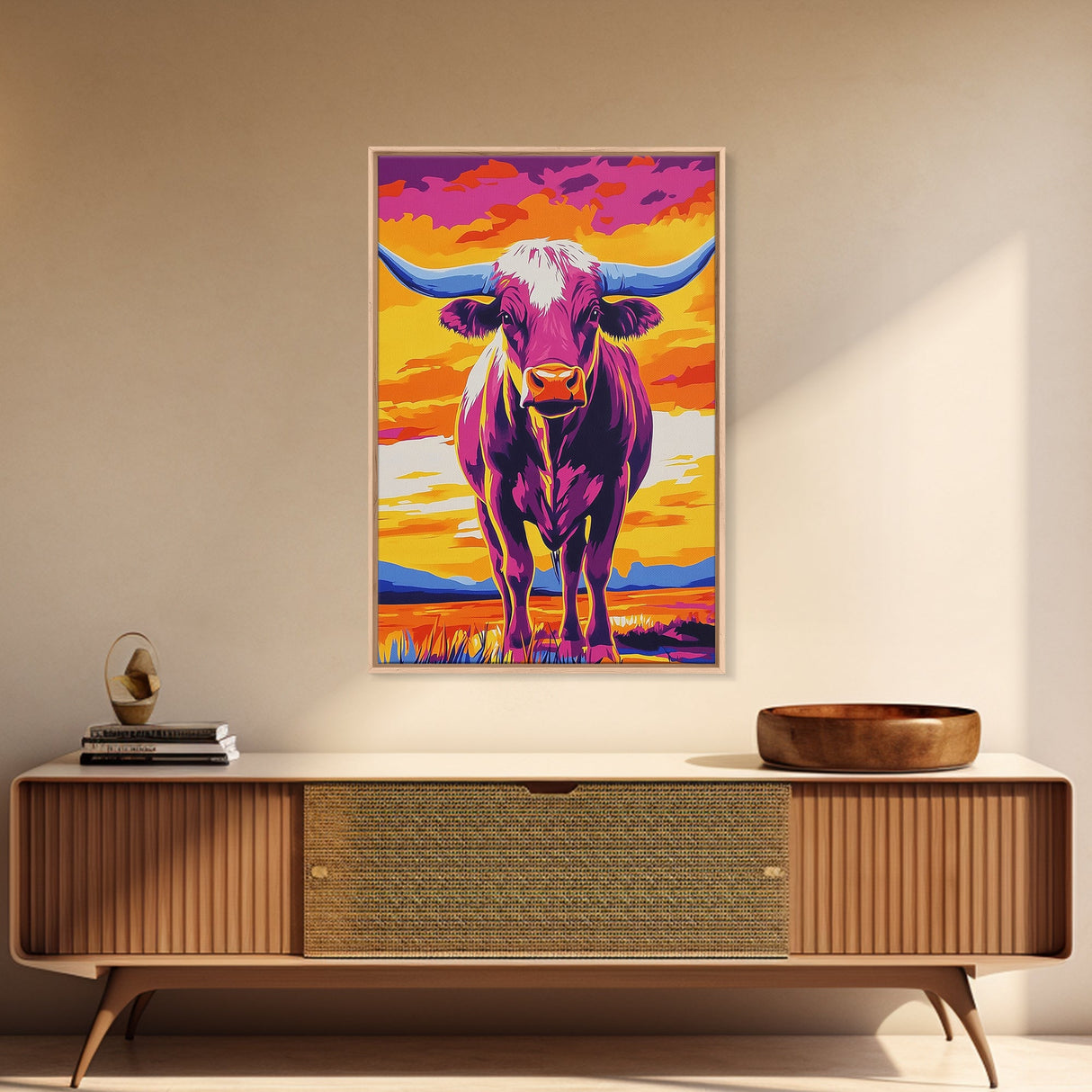 Pop Art Cow, Pink Orange Wall Art, Southwest Wall Art, Canvas Print, Rustic Decor, Farmhouse Art, Living Room Art, Bold Wall Art