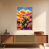 Sunset Cactus, Joshua tree art, pink orange wall art, southwest wall art, gift idea for him, extra wide art, bold colors, Framed Canvas Print