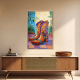 Painted Boots, coastal cowgirl wall art, vibrant rustic decor, colorful western art, cowboy art, southwest wall art, framed canvas print, gift idea