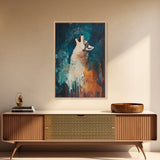 Abstract Wolf, howling at moon, moody blue tones, modern rustic art, wildlife painting, framed canvas print, dark romance painting