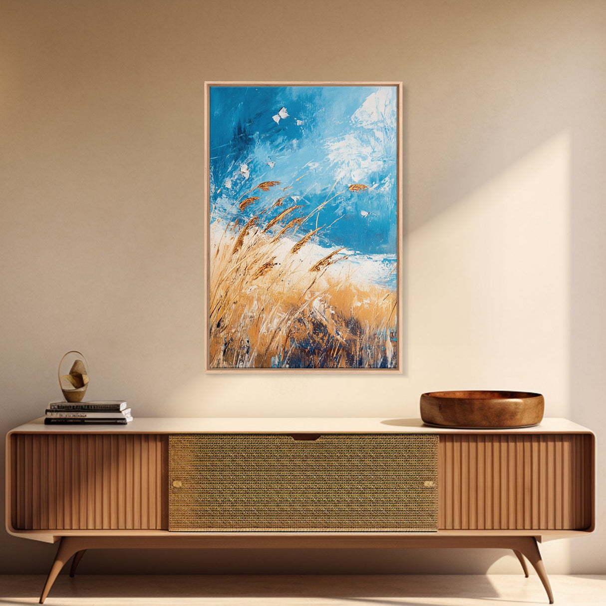 Wheat Field, blue sky, golden harvest, windy landscape, nature wall art, rustic decor, framed canvas print, farmhouse wall art