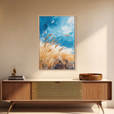 Wheat Field, blue sky, golden harvest, windy landscape, nature wall art, rustic decor, framed canvas print, farmhouse wall art