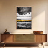 Moody Landscape, dramatic clouds, black and white, gold fields, panoramic art, rustic decor, framed canvas print, extra wide art
