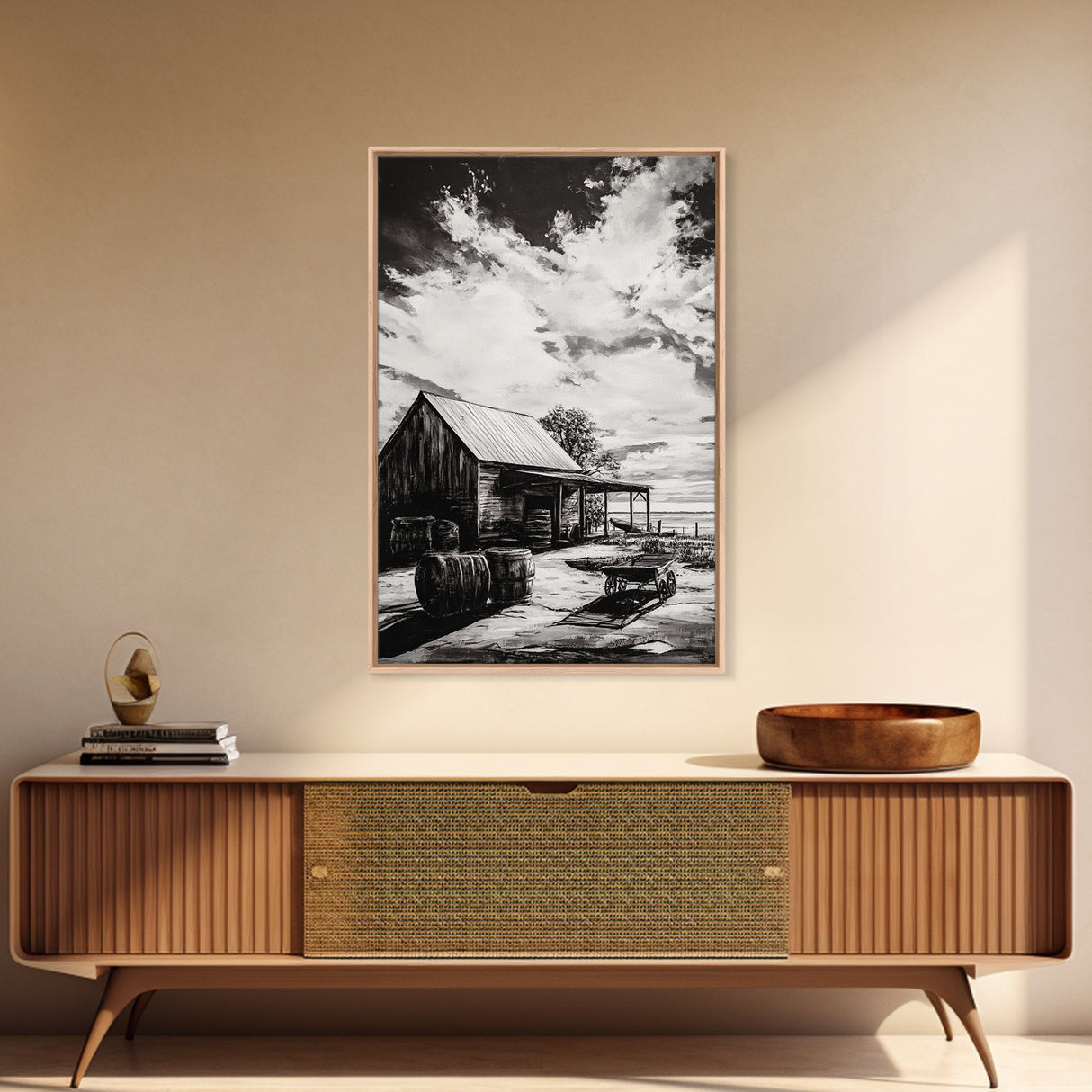 Vintage Barn, Rustic Landscape, Canvas Print, farmhouse art, rustic wall art, barn landscape oil painting, moody art, above couch art, wabi sabi art