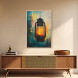 Lantern Glow, moody art, rustic decor, farmhouse art, warm light painting, southwest wall art, wabi sabi art, Framed Canvas Print