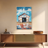 Rustic Barn, farmhouse art, landscape painting, blue and green wall art, extra wide art, panoramic art, Framed Canvas Print