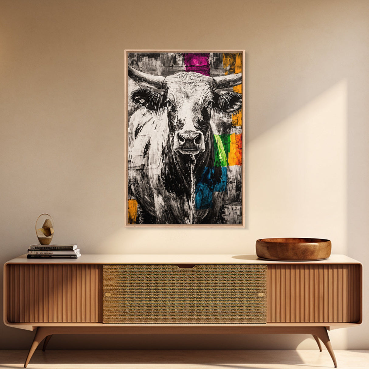 Black and White Cow, rustic art, farmhouse art, bull and bear art, southwest wall art, abstract animal painting, Framed Canvas Print