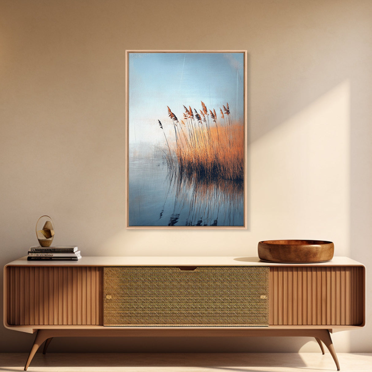 Lake Reeds Reflection, wabi sabi art, minimalist art, coastal decor, coastal landscape art, nautical painting, Framed Canvas Print