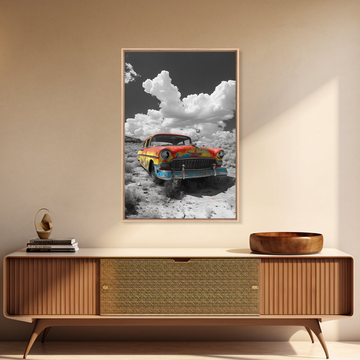 Vintage Car, Custom Car Painting, Graffiti Wall Art, Rustic Art, Old Car Scene, Moody Art, Framed Canvas Print, Landscape Art