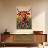 Colorful Bull Art, boho art, wabi sabi art, whimsical art, wildflower painting, framed canvas print, gift idea, rustic wall art