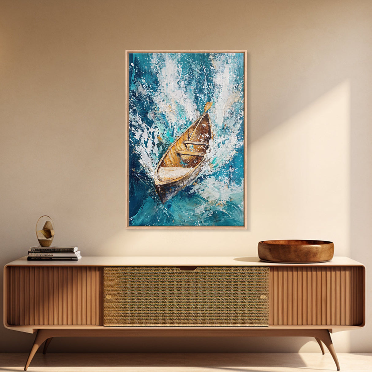 Wooden Boat in Waves, nautical painting, coastal decor, ocean waves art, seascape painting, framed canvas print, living room art, rustic art