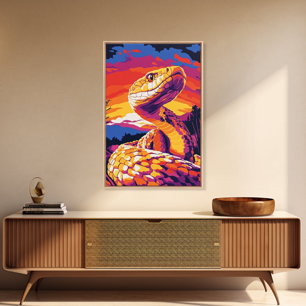 Rattlesnake Sunset, Bold Snake Art, Vibrant Southwest Decor, Wildlife Art, Nature Painting, Canvas Print, Living Room Art