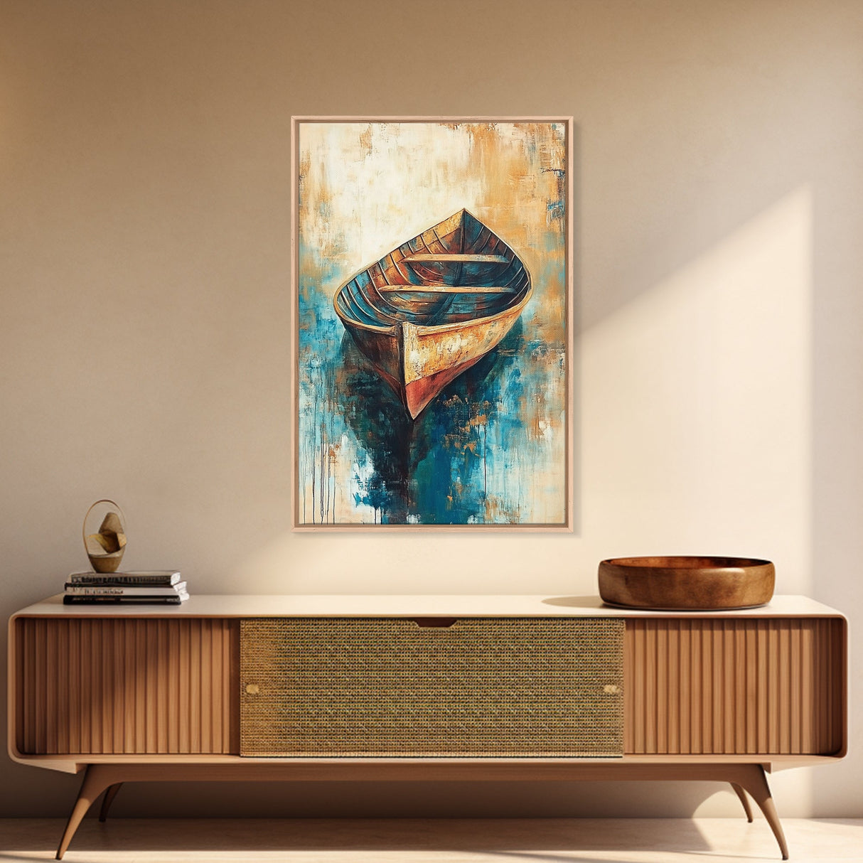 Rustic Rowboat, Nautical Decor, Canvas Print, Seascape Painting, Coastal Wall Art, Rustic Decor, Moody Art, Wabi Sabi Art