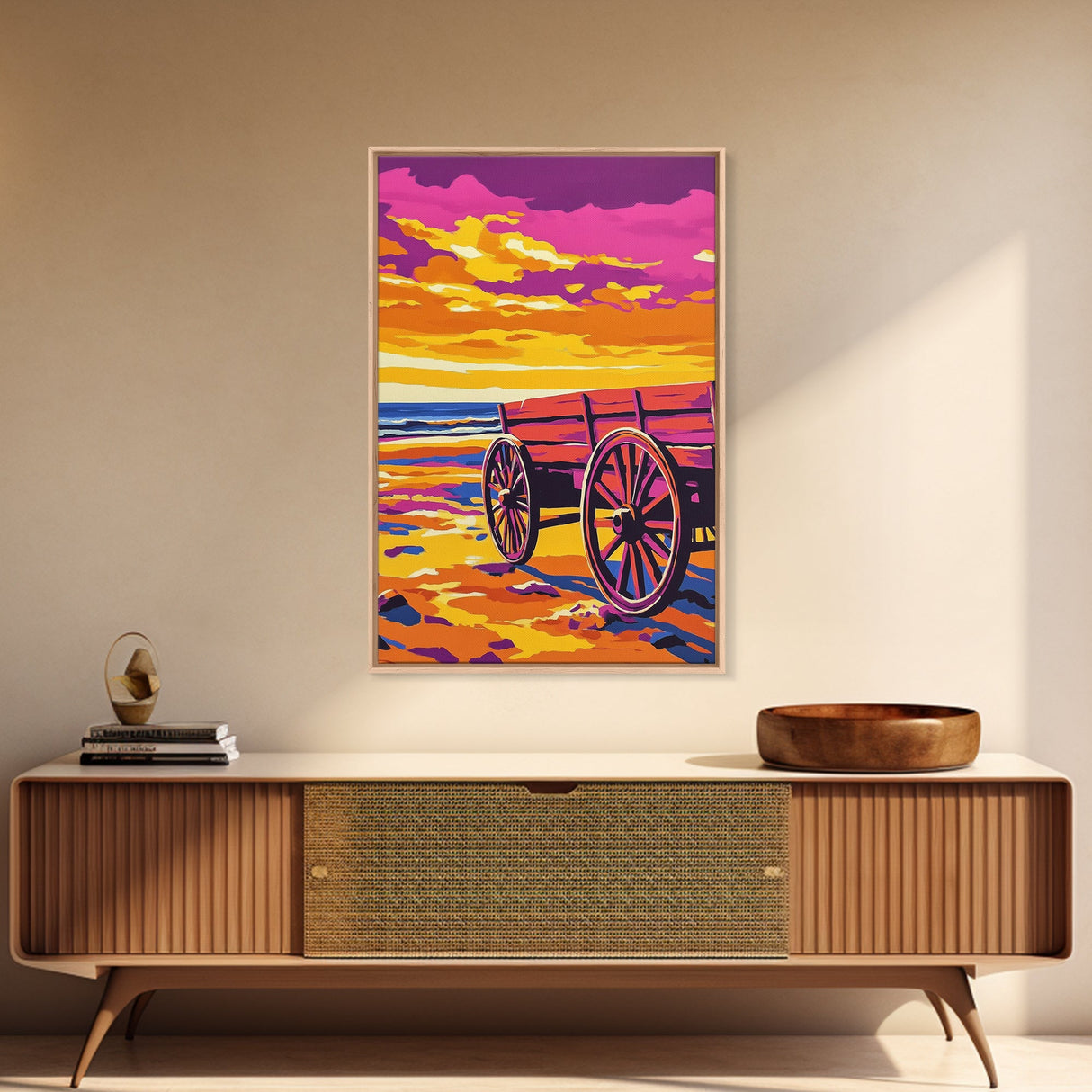 Western beach wagon, rustic decor, pink orange wall art, coastal cowgirl wall art, framed canvas print, above sofa art, boho art