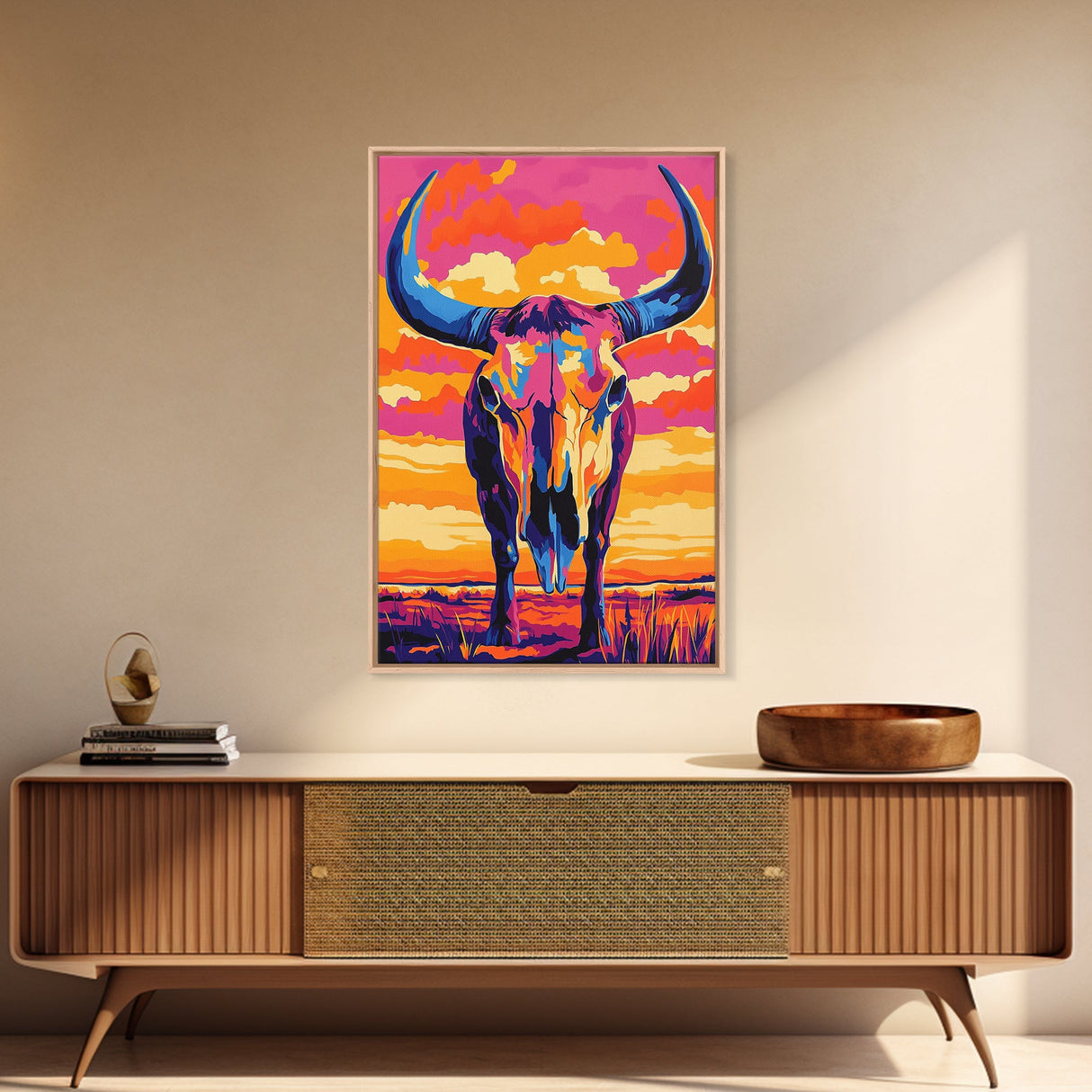 Bull Skull Art, Teal Wall Art, Rustic Wall Art, Framed Canvas Print, Moody Art, Boho Aesthetic, Extra Wide Art, Southwest Decor, Gift Idea