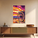 Vibrant Wagon Wheel, Pink Orange Wall Art, Boho Art, Framed Canvas Print, Southwest Aesthetic, Above Sofa Art, Rustic Decor, Gift Idea