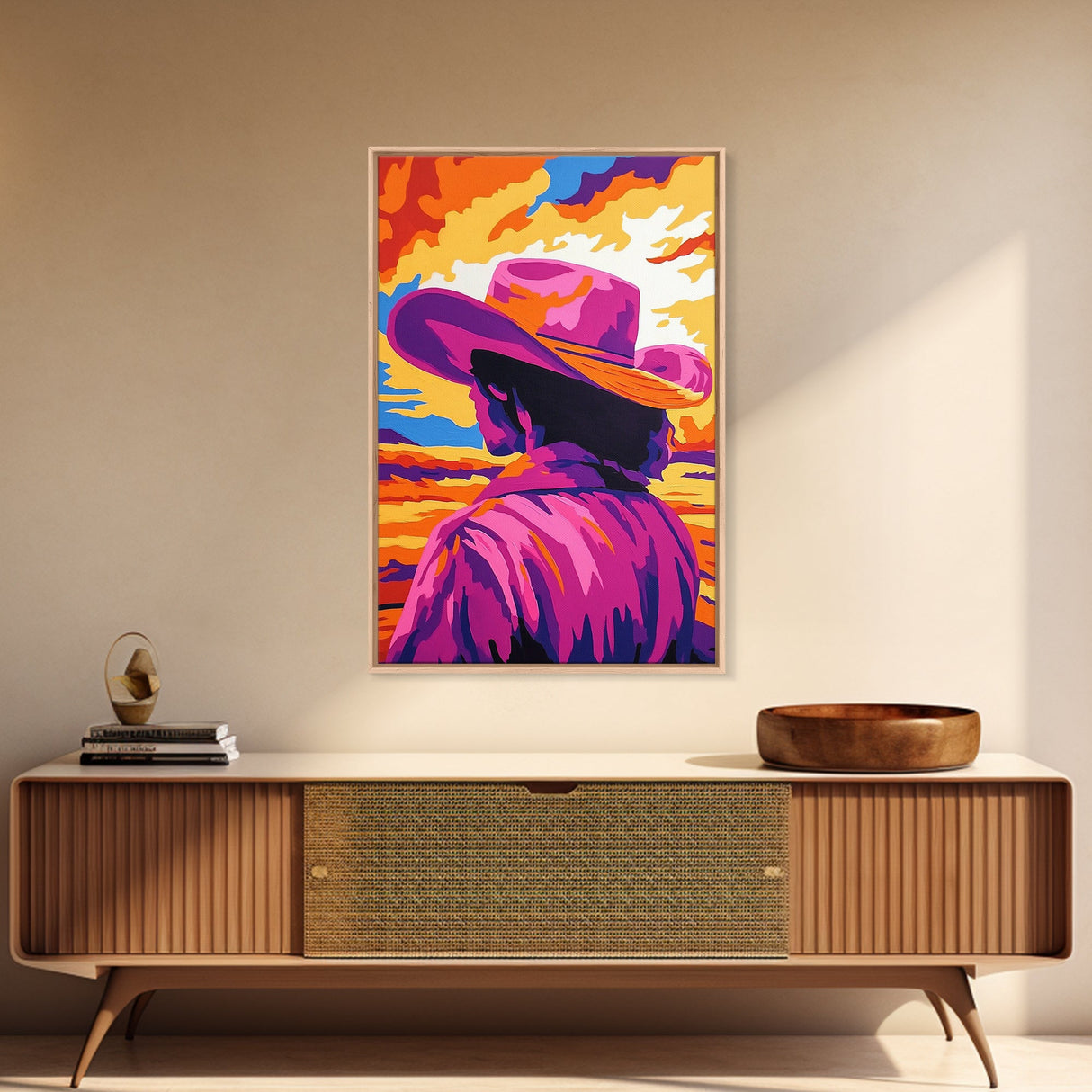Vibrant Cowboy Painting, Chicano Art, Western Sunset Art, Pink Orange Wall Art, Afrocentric Wall Art, Canvas Print, Southwest Decor, Rustic Wall Art