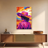 Vibrant Cowboy Painting, Chicano Art, Western Sunset Art, Pink Orange Wall Art, Afrocentric Wall Art, Canvas Print, Southwest Decor, Rustic Wall Art