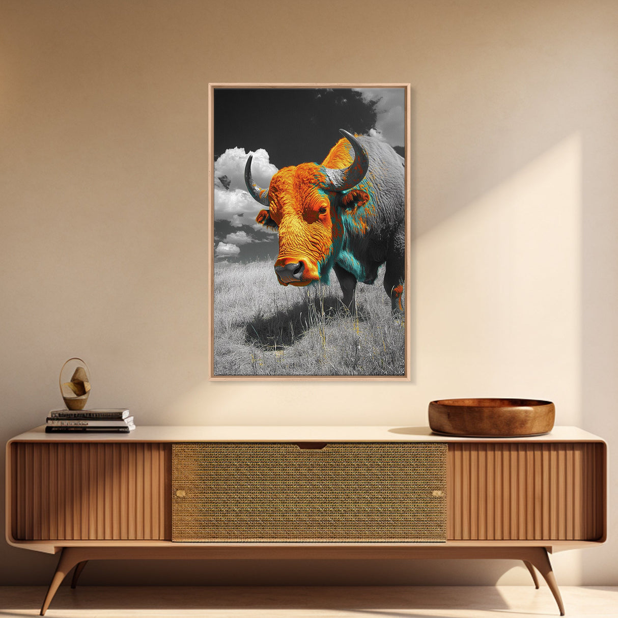 Colorful Buffalo Art, Southwestern Art, Rustic Home Decor, Bold Animal Art, Unique Gift Idea, Framed Canvas Print, Farmhouse Wall Art