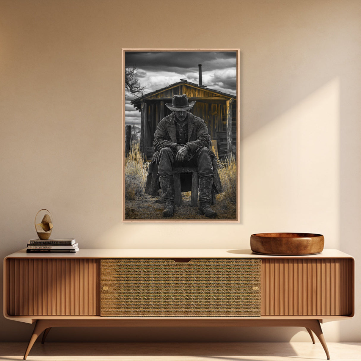 Cowboy, Rustic Barn, Moody Art, Southwest Wall Art, Farmhouse Art, Vintage Horse Art, Dark Romance Painting, Canvas Print, Gift Idea