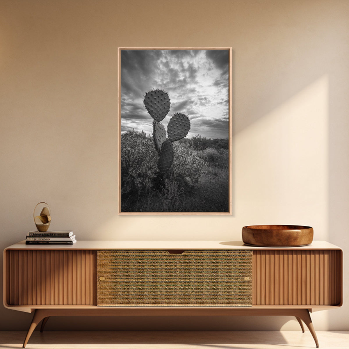 Prickly Pear, cactus art, Joshua tree art, wabi sabi art, moody art, black and white, framed canvas print, minimalist decor, rustic wall art
