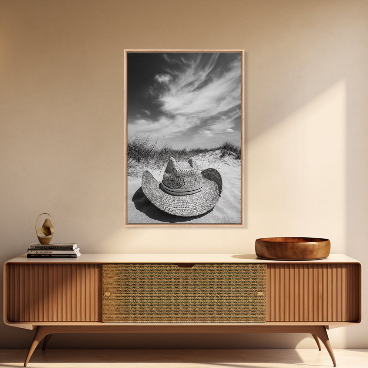 Straw Hat, coastal cowgirl wall art, wabi sabi art, beach photography, western decor, rustic art, framed canvas print, minimalist art