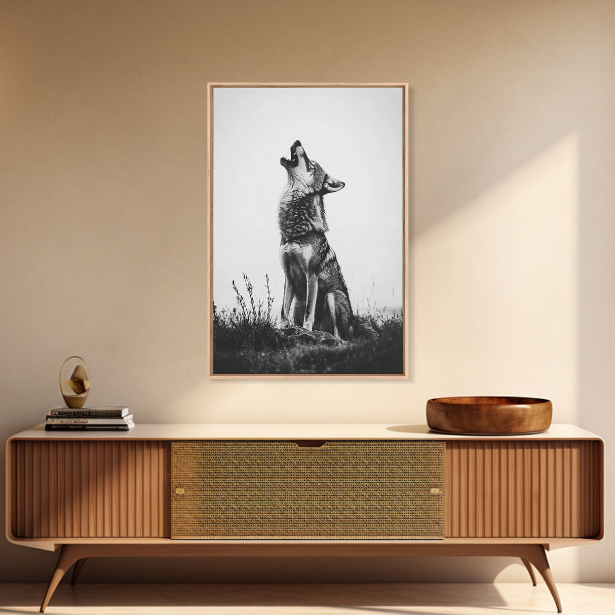 Howling Wolf, wildlife art, moody art, rustic decor, nature photography, black and white animal print, framed canvas print, minimalist art