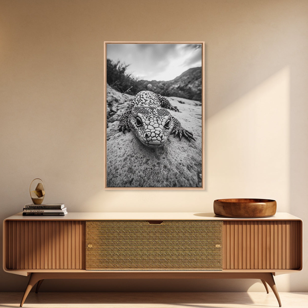 Lizard art, wildlife photography, moody art, desert decor, black and white photography, wabi sabi wall art, framed canvas print, unique gift