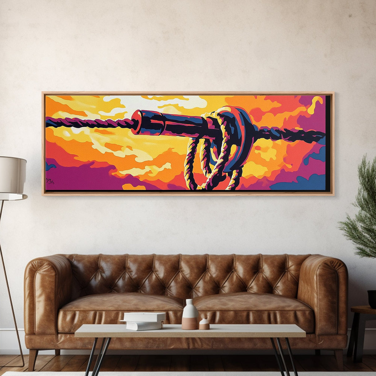 Industrial Knot, rustic wall art, southwest wall art, boho art, orange wall art, geometric painting, extra wide art, Framed Canvas Print