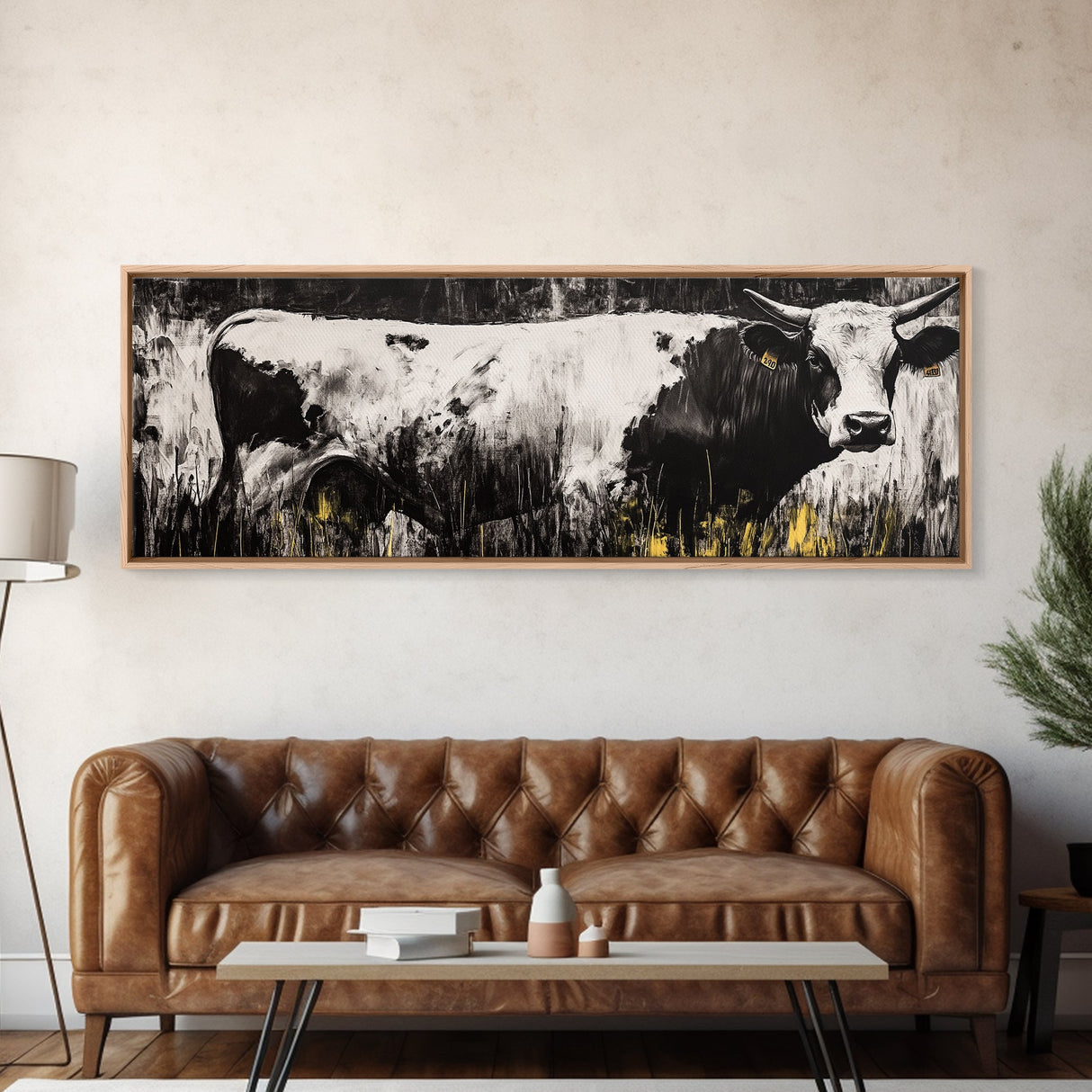 Black and White Cow, farmhouse art, rustic wall art, extra wide art, wabi sabi art, vintage horse art, Canvas Print