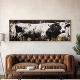Black and White Cow, farmhouse art, rustic wall art, extra wide art, wabi sabi art, vintage horse art, Canvas Print