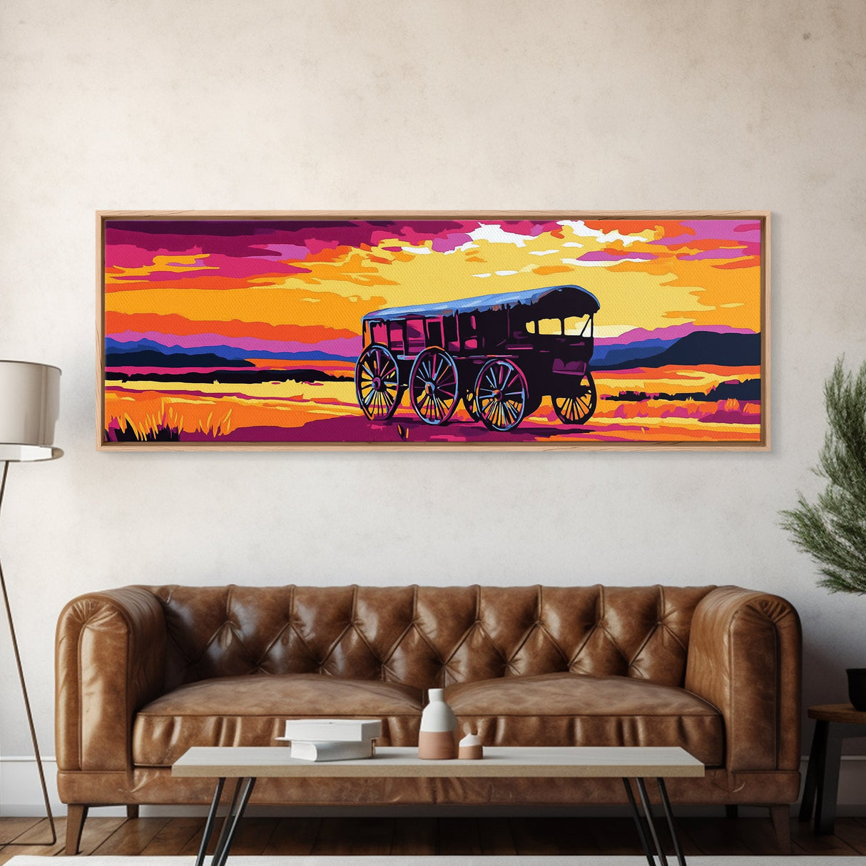 Western Wheels, cowboy painting, rustic wall art, gift idea, farmhouse decor, panoramic art, extra wide art, framed canvas print