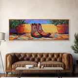 Floral Cowboy Boots, boho art, chicano art, whimsical art, southwest wall art, western decor, pink orange wall art, Framed Canvas Print