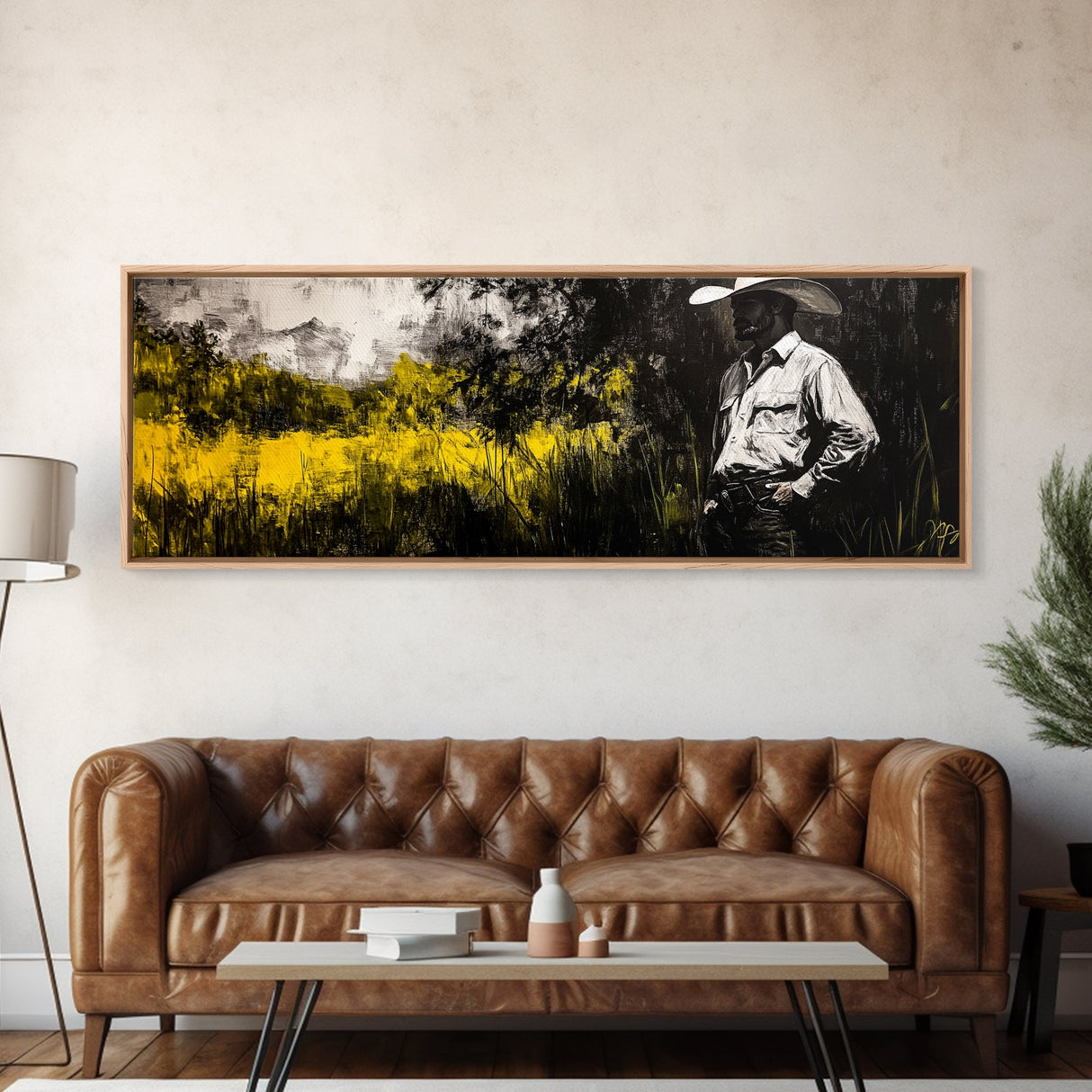 Cowboy in Field, Rustic Wall Art, Farmhouse Art, Canvas Print, Vintage Horse Art, Extra Wide Art, Moody Art, Wabi Sabi Art