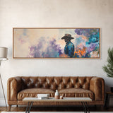 Lone Cowboy Painting, Panoramic Art, Rustic Decor, Framed Canvas Print, Blue and Green Wall Art, Moody Art, Southwest Wall Art