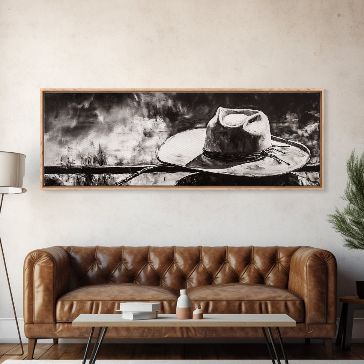 Western Hat Art, Black and White Art, Framed Canvas Print, Rustic Wall Art, Wabi Sabi Art, Extra Wide Art, Minimalist Art