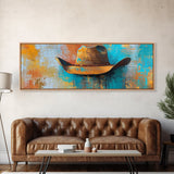 Western Hat Painting, Abstract Cowboy Art, Framed Canvas Print, Extra Wide Art, Rustic Decor, Blue and Green Wall Art, Wabi Sabi Art