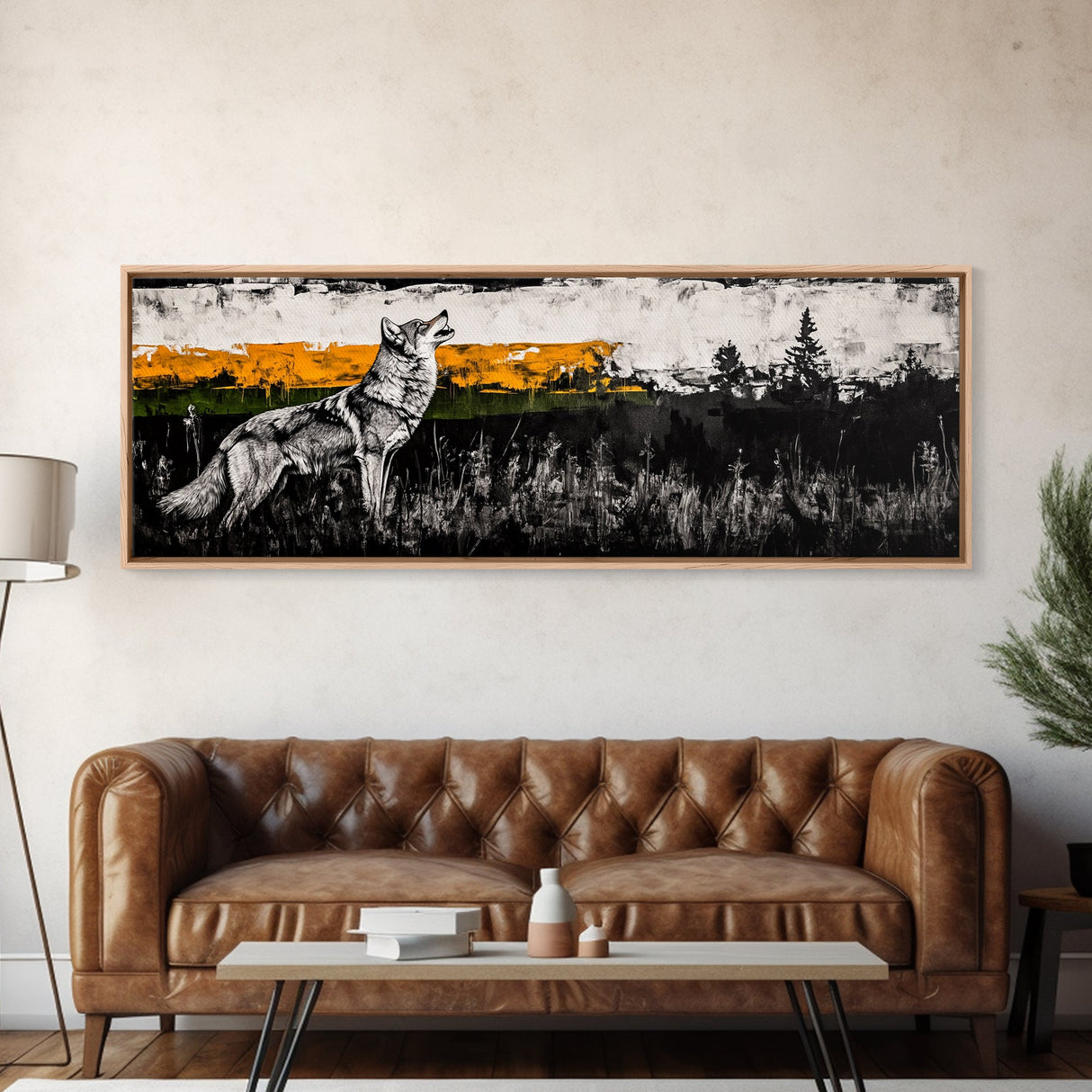 Howling Wolf Art, coyote painting, southwest wall art, rustic decor, black and white art, extra wide art, framed canvas print, panoramic painting