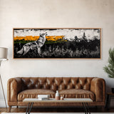 Howling Wolf Art, coyote painting, southwest wall art, rustic decor, black and white art, extra wide art, framed canvas print, panoramic painting