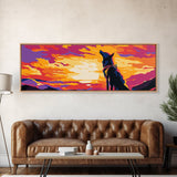 Colorful Wolf Art, sunset animal painting, moody art, pink orange wall art, extra wide art, framed canvas print, panoramic painting