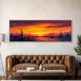 Sunset Cactus Art, southwest wall art, desert landscape painting, extra wide art, panoramic painting, framed canvas print, rustic decor, horizontal wall art