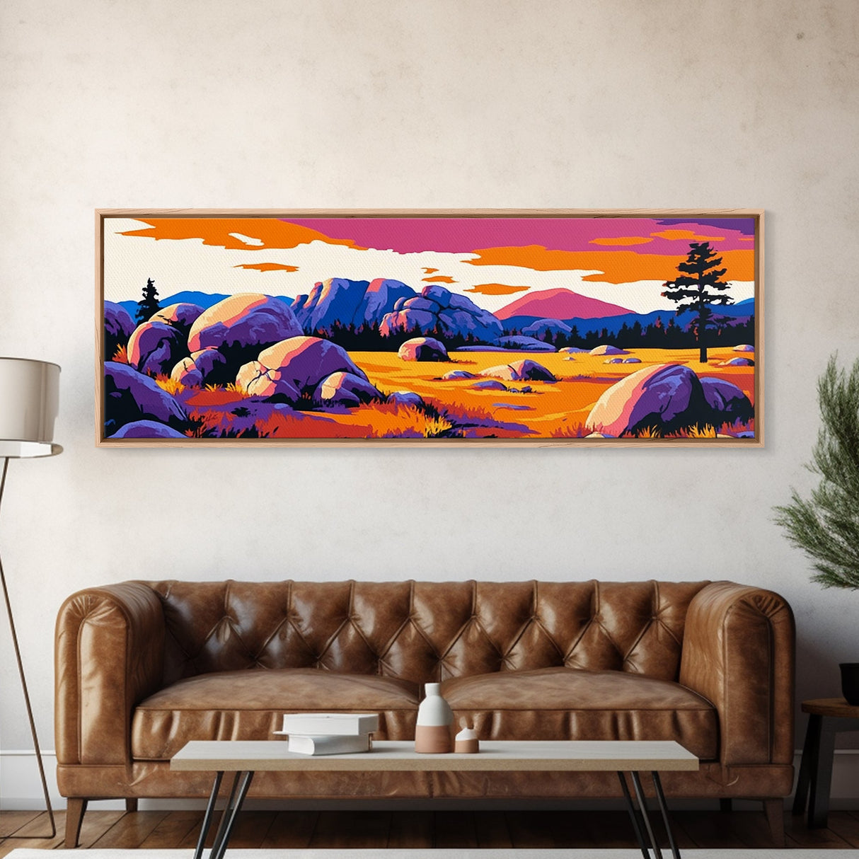 Southwest landscape, sunset painting, Joshua tree art, pink orange wall art, extra wide art, rustic decor, framed canvas print