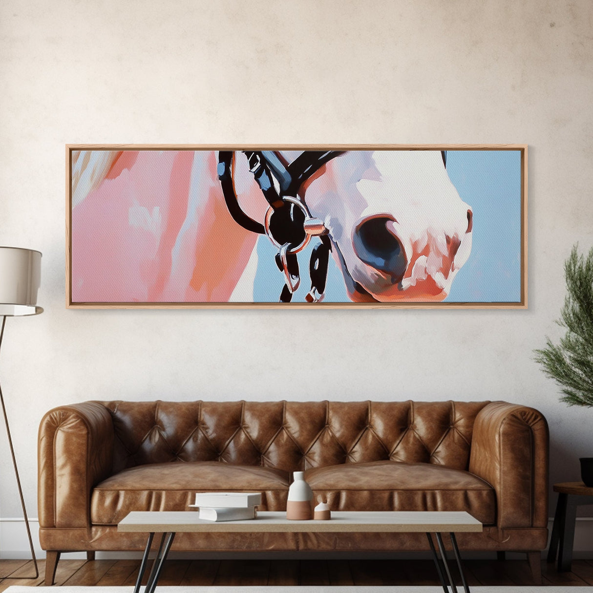 Horse close-up, minimalist art, pink abstract art, soft pastel, boho art, extra wide art, framed canvas print, modern farmhouse decor