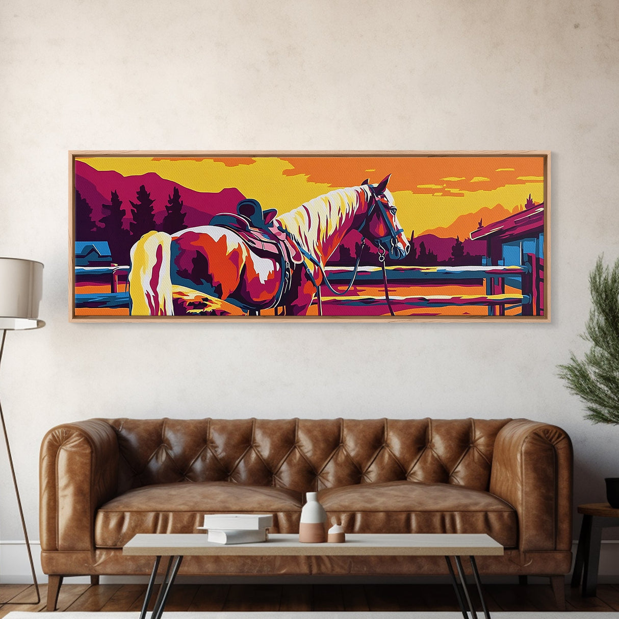 Western horse, saddle, cowboy, sunset, rustic wall art, panoramic art, framed canvas print, extra wide art, horse wall art