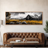 Western Ranch, barn landscape oil painting, rustic decor, farmhouse art, extra wide art, framed canvas print, above couch wall art